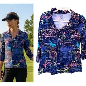 Lulu-B Size XS Ruffle V-Neck 3/4 Sleve UPF 50 Top Paris Print French Script